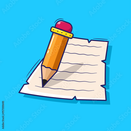 Cute cartoon vector of pencil and paper illustration. Writing on paper. Write some business idea or project in the future