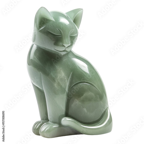 Front view of a serene jade sitting cat statue kept in product photography style isolated on a white transparent background