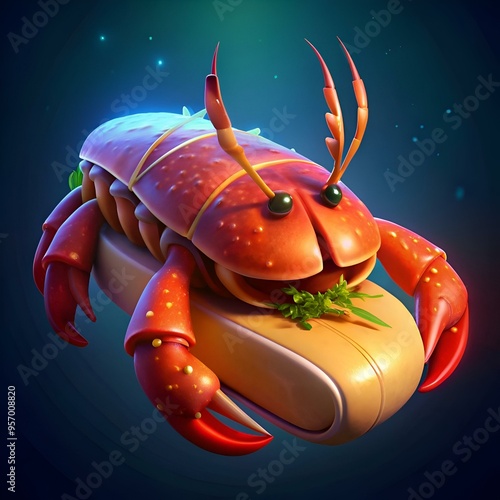 A fun and quirky 3D illustration of a lobster roll. perfect for menus. social media. or any project requiring a playful take on seafood. photo