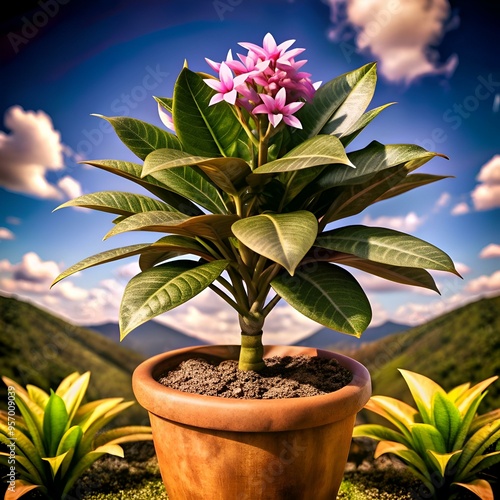 A vibrant 3D illustration of an Ohelo plant in a terracotta pot. blooming with delicate pink flowers. photo