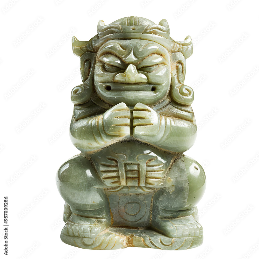 Front view of an ancient jade ancestor statue kept in product photography style isolated on a white transparent background Front view of an ancient jade ancestor statue kept in product photography style isolated on a white transparent background