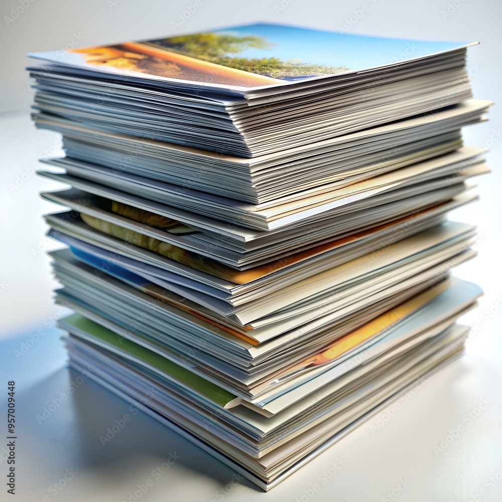 A neat stack of colorful flyers. suggesting a successful marketing campaign or a large event. A neat stack of colorful flyers. suggesting a successful marketing campaign or a large event.