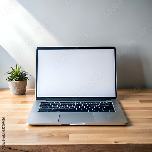 A clean and modern laptop with a blank screen sits on a wooden desk. perfect for showcasing your website or design.