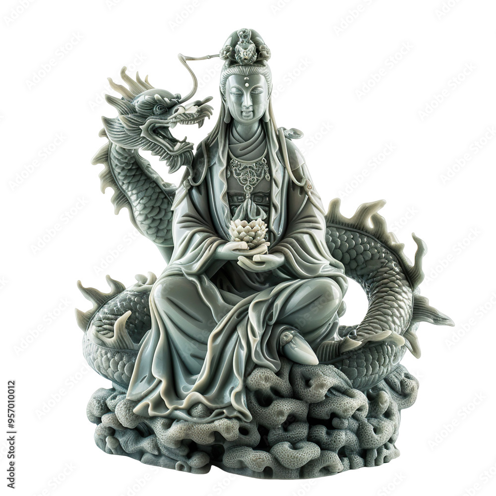 Front view of an opulent jade Guan Yin with dragon statue kept in product photography style isolated on a white transparent background Front view of an opulent jade Guan Yin with dragon statue kept in product photography style isolated on a white transparent background