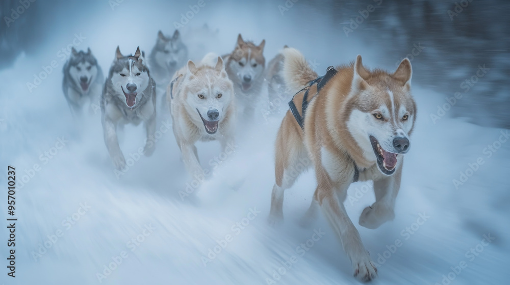 Naklejka premium Husky Sled Dogs Racing Through Snowy Landscape