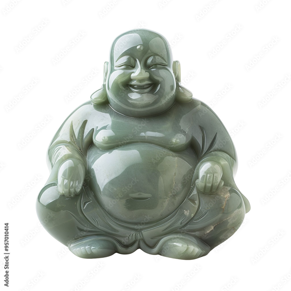 Front view of a charming jade laughing Buddha statue kept in product photography style isolated on a white transparent background Front view of a charming jade laughing Buddha statue kept in product photography style isolated on a white transparent background