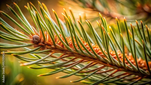 Delicate, intricate patterns on a single pine needle's surface, showcasing minute ridges, veins, and scales in a warm, earthy tone against a soft, blurred background. photo