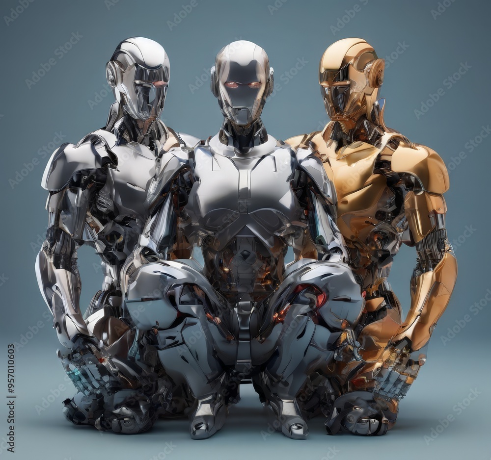 Naklejka premium three robots sitting on blue surface