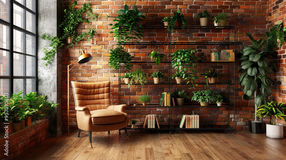 Wooden book shelf in front of orange brick wall, wooden floor, houseplant. Minimalistic interio design.
Wooden book shelf in front of orange brick wall, wooden floor, houseplant. Minimalistic interio design.
