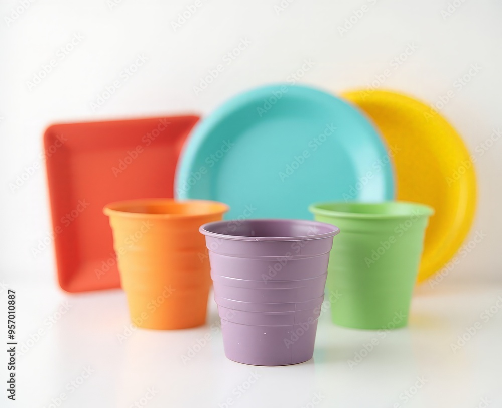 disposable plastic tableware on a white background