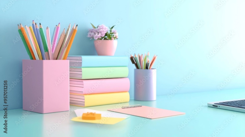Colorful desk setup with pencils and books Colorful desk setup with pencils and books