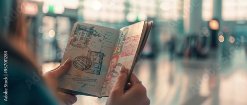 Wallpaper Mural An open passport filled with stamps is held by a person at a busy airport terminal, capturing a sense of travel and adventure. Torontodigital.ca