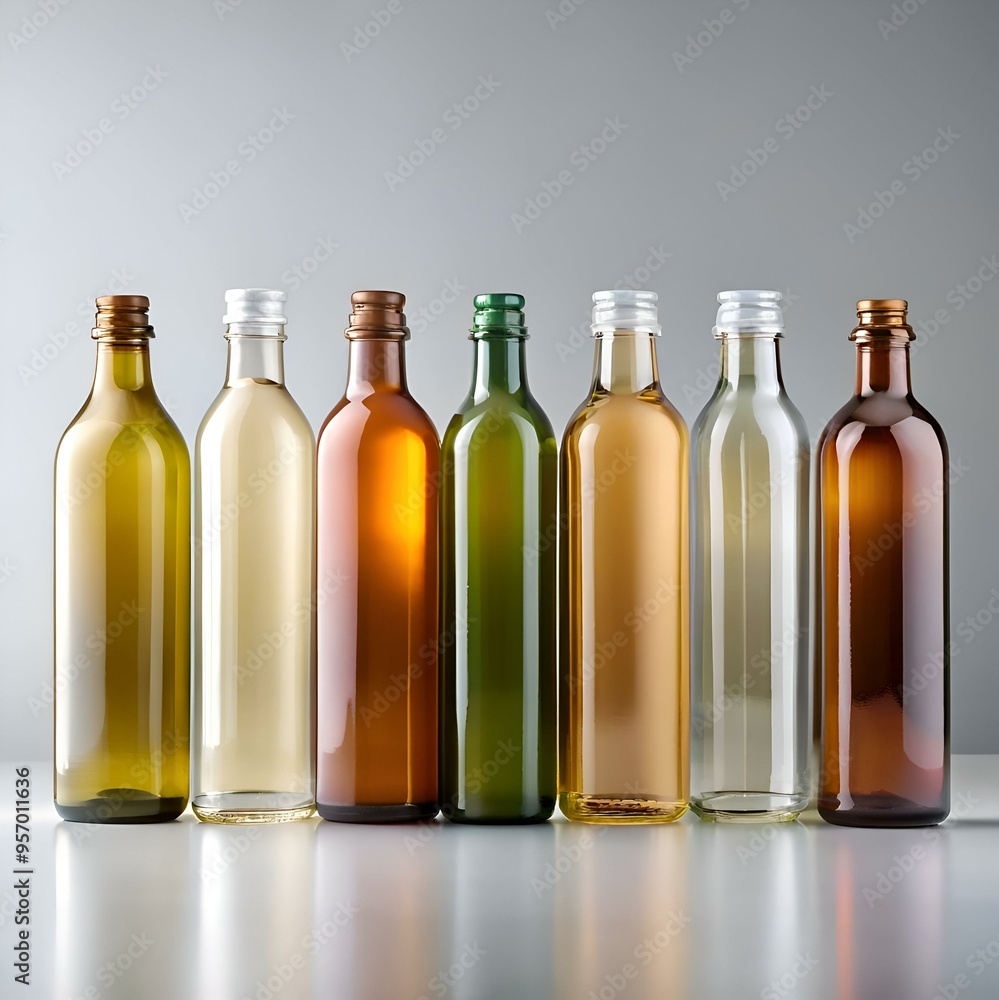 A row of six glass bottles. each with a unique color. standing on a reflective surface. A row of six glass bottles. each with a unique color. standing on a reflective surface.