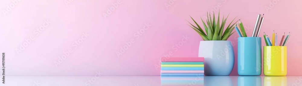 Pastel desk with stationery and plant Pastel desk with stationery and plant
