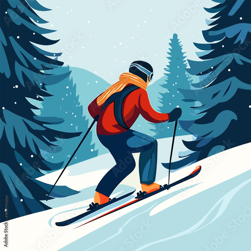 Vector illustration of skier. Advertisement for ski vacations. man skiing uphill. Landscape with snowy Mountains and forest tree. Mountain range and pine trees. Sports men in the ski. 