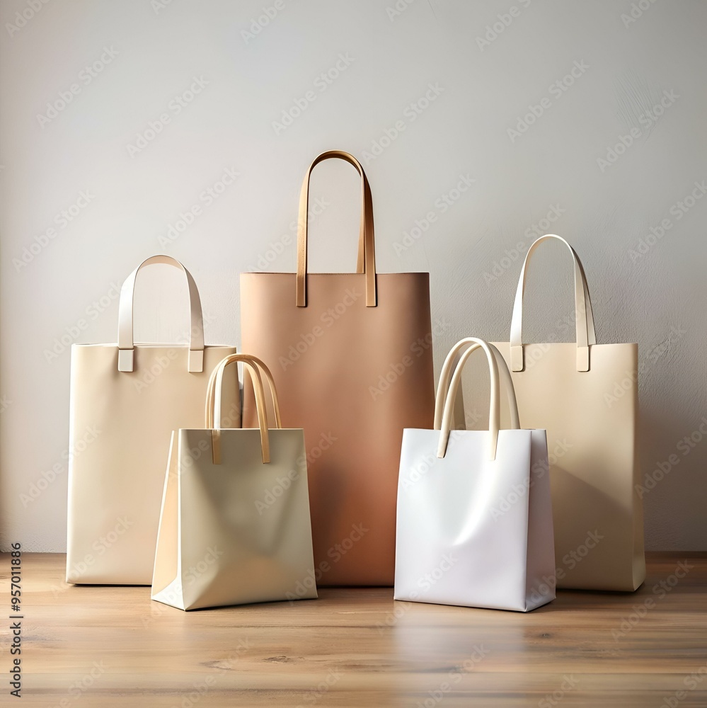 A minimalist composition featuring five stylish tote bags in various neutral shades. perfect for showcasing your brand or products. A minimalist composition featuring five stylish tote bags in various neutral shades. perfect for showcasing your brand or products.