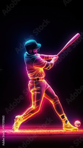 Neon Baseball Player Swinging Bat.