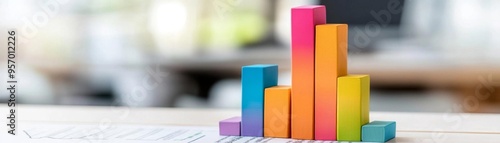 Business plan presentation with a bar graph showing projected revenue growth Colorful bar graph blocks on desk