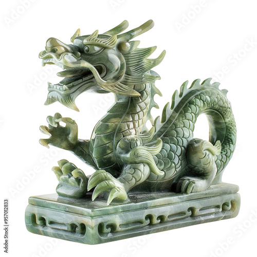 Front view of a majestic jade dragon statue kept in product photography style isolated on a white transparent background