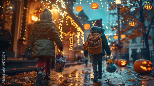 Trick or treat? Halloween evening in small town or suburbs. Children trick or traeting, bokeh lights in the background. Happy mood 