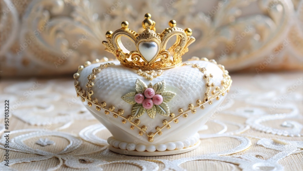 Fototapeta premium Delicate, ornate heart-shaped porcelain figurine with intricate lace and floral patterns, adorned with a dainty golden crown, sitting on a soft, white satin pedestal.