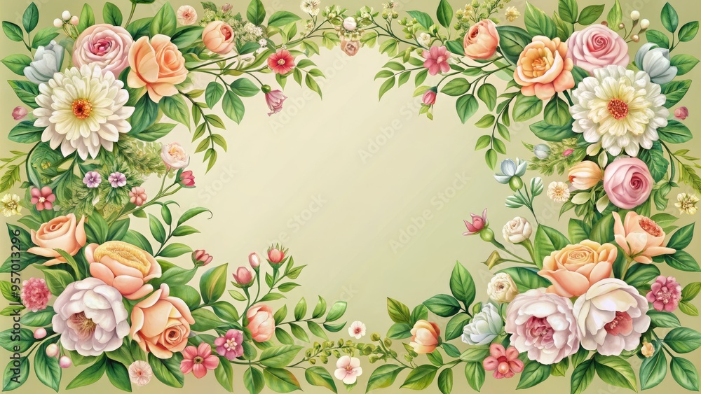 Delicate ornate vector flower motifs adorn a beautiful intricate frame, surrounded by lush foliage and ornamental elements, perfect for elegant designs and seasonal celebrations. Delicate ornate vector flower motifs adorn a beautiful intricate frame, surrounded by lush foliage and ornamental elements, perfect for elegant designs and seasonal celebrations.