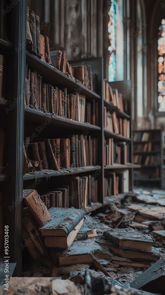 Old books scattered on the floor of a grand library. Old books scattered on the floor of a grand library.