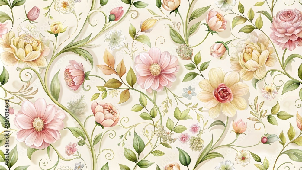Fototapeta Delicate petal details and soft pastel hues combine in a stunning floral pattern, featuring blooming flowers, curly vines, and intricate illustrations on a cream background.