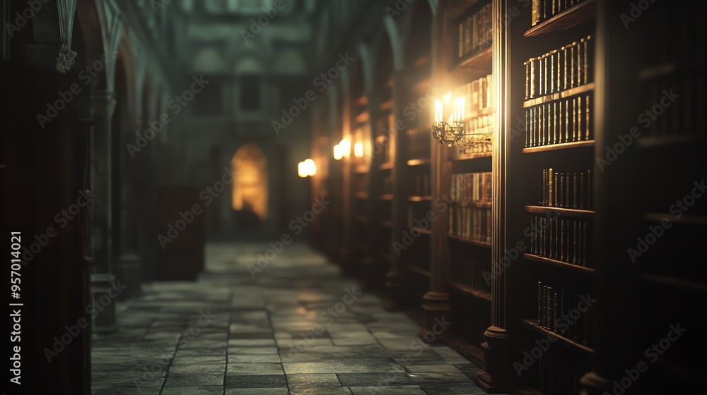 Fototapeta premium Mysterious and dimly lit library hallway with bookshelves lining the walls.