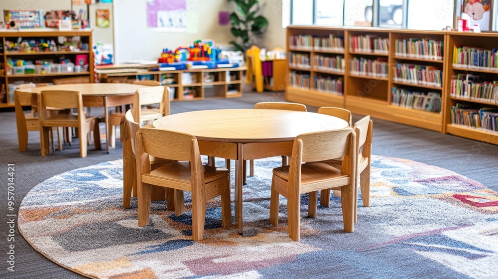 Small wooden tables and chairs arranged around a central carpet, fostering a collaborative classroom atmosphere. Small wooden tables and chairs arranged around a central carpet, fostering a collaborative classroom atmosphere.