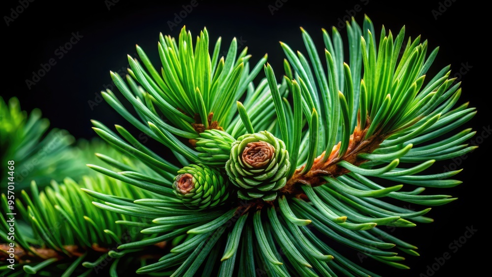 Delicate pine needle tips unfurl from a bundle, showcasing intricate scales and soft, emerald-green hue, set against a contrasting dark background, highlighting natural textures. Delicate pine needle tips unfurl from a bundle, showcasing intricate scales and soft, emerald-green hue, set against a contrasting dark background, highlighting natural textures.