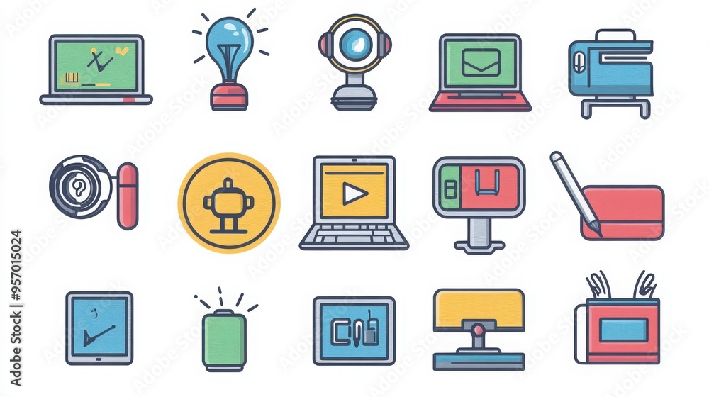 Educational Technology thin line icon set. Containing tablet, interactive whiteboard, educational apps, coding, virtual reality, digital projector, educational software, online resources. Educational Technology thin line icon set. Containing tablet, interactive whiteboard, educational apps, coding, virtual reality, digital projector, educational software, online resources.