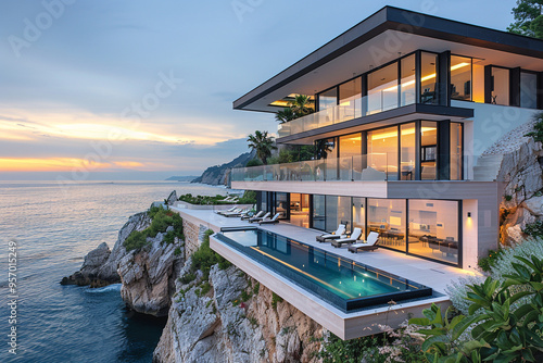 Perched on a cliff overlooking sparkling azure sea, this modern luxury mansion with a sleek swimming pool offers a panoramic view of sun-kissed coastline, with warm hues of a summer sunset casting a g photo