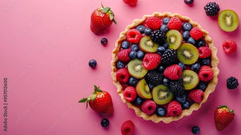 A colorful fruit tart with berries and kiwi A colorful fruit tart with berries and kiwi