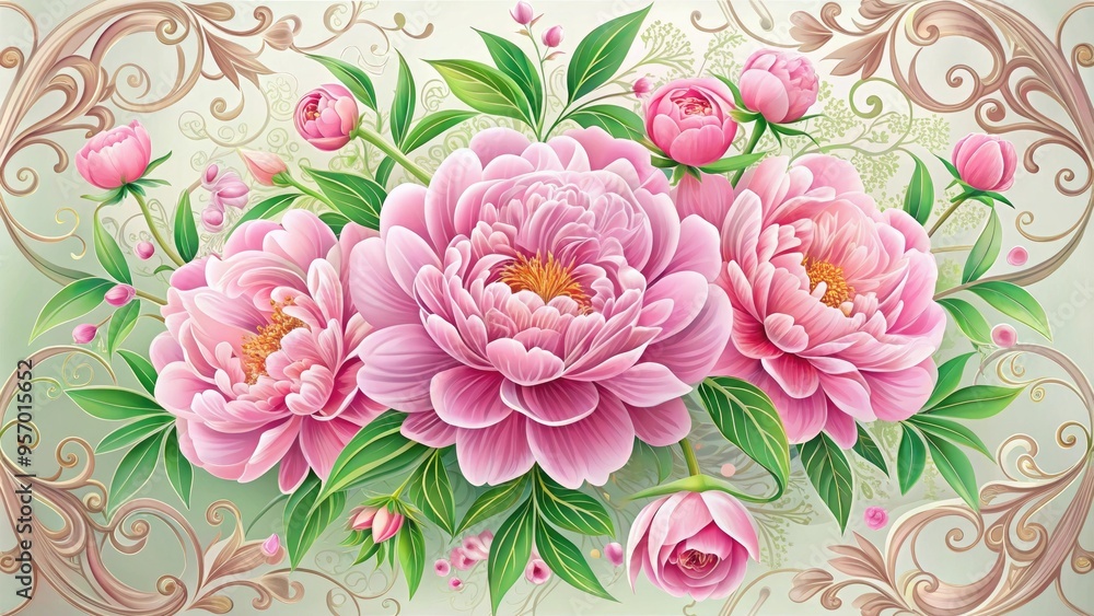 Delicate pink peony blooms surrounded by intricate swirling patterns and ornate filigree, crafted in a vibrant vector design with bold lines and pastel hues. Delicate pink peony blooms surrounded by intricate swirling patterns and ornate filigree, crafted in a vibrant vector design with bold lines and pastel hues.