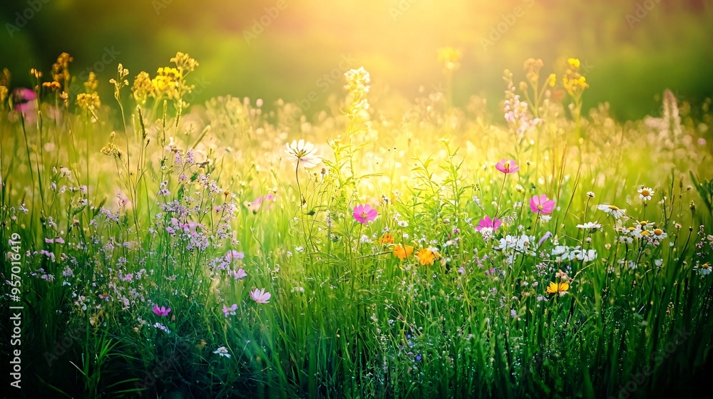 A field of wildflowers basking in the warm glow of the setting sun, with the golden light filtering through the delicate petals and lush green grass. A field of wildflowers basking in the warm glow of the setting sun, with the golden light filtering through the delicate petals and lush green grass.