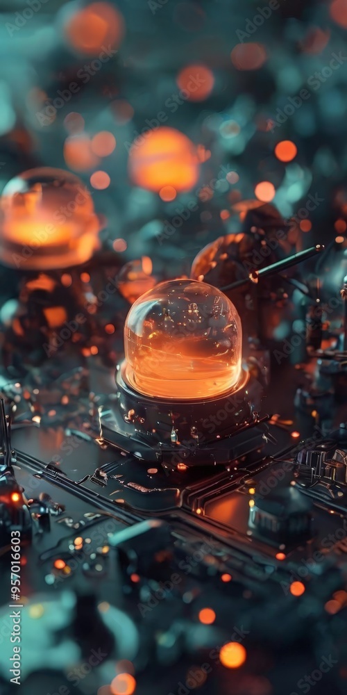 close up computer processor with glowing orange light close up computer processor with glowing orange light
