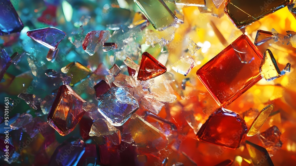 Shattered Glass in Color: A mid-air explosion of colored glass shards, capturing the moment of impact as the pieces scatter and reflect light.
Shattered Glass in Color: A mid-air explosion of colored glass shards, capturing the moment of impact as the pieces scatter and reflect light.
