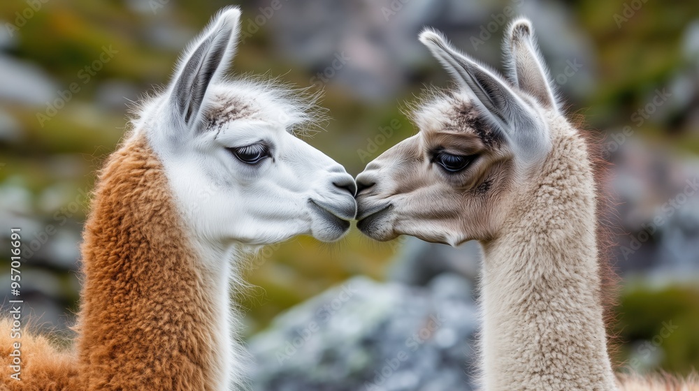 Obraz premium Two funny kissing llamas or alpacas outdoors