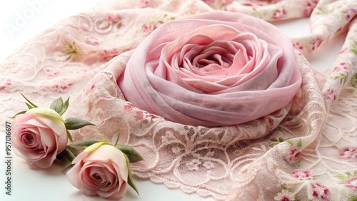 Delicate pink rose petal details adorn a soft, intricately woven lace scarf with subtle sheen, evoking whimsical romance and vintage elegance.