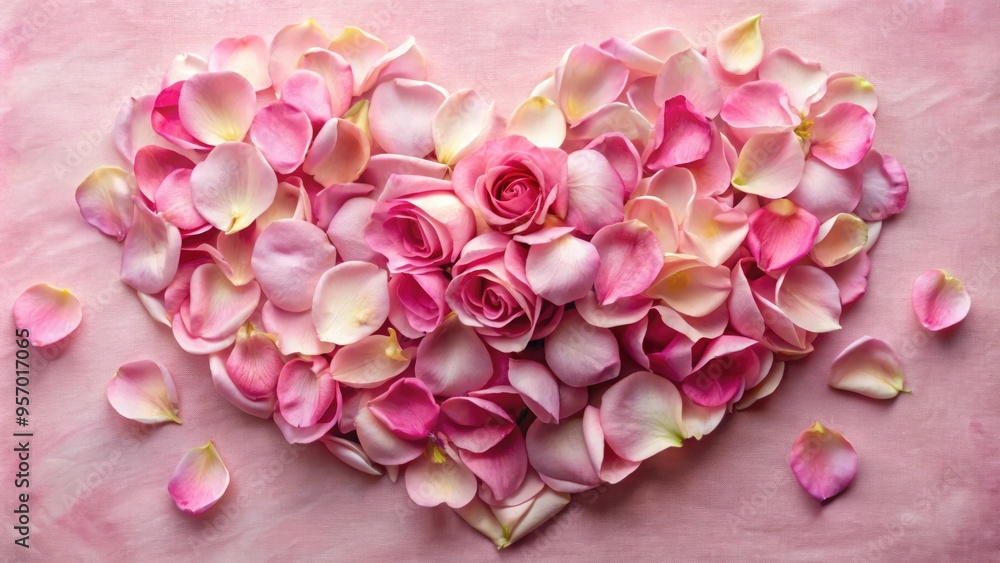 Fototapeta premium Delicate pink rose petals arranged in a tender heart shape on a soft, velvety background, evoking feelings of love, romance, and gentle affection.
