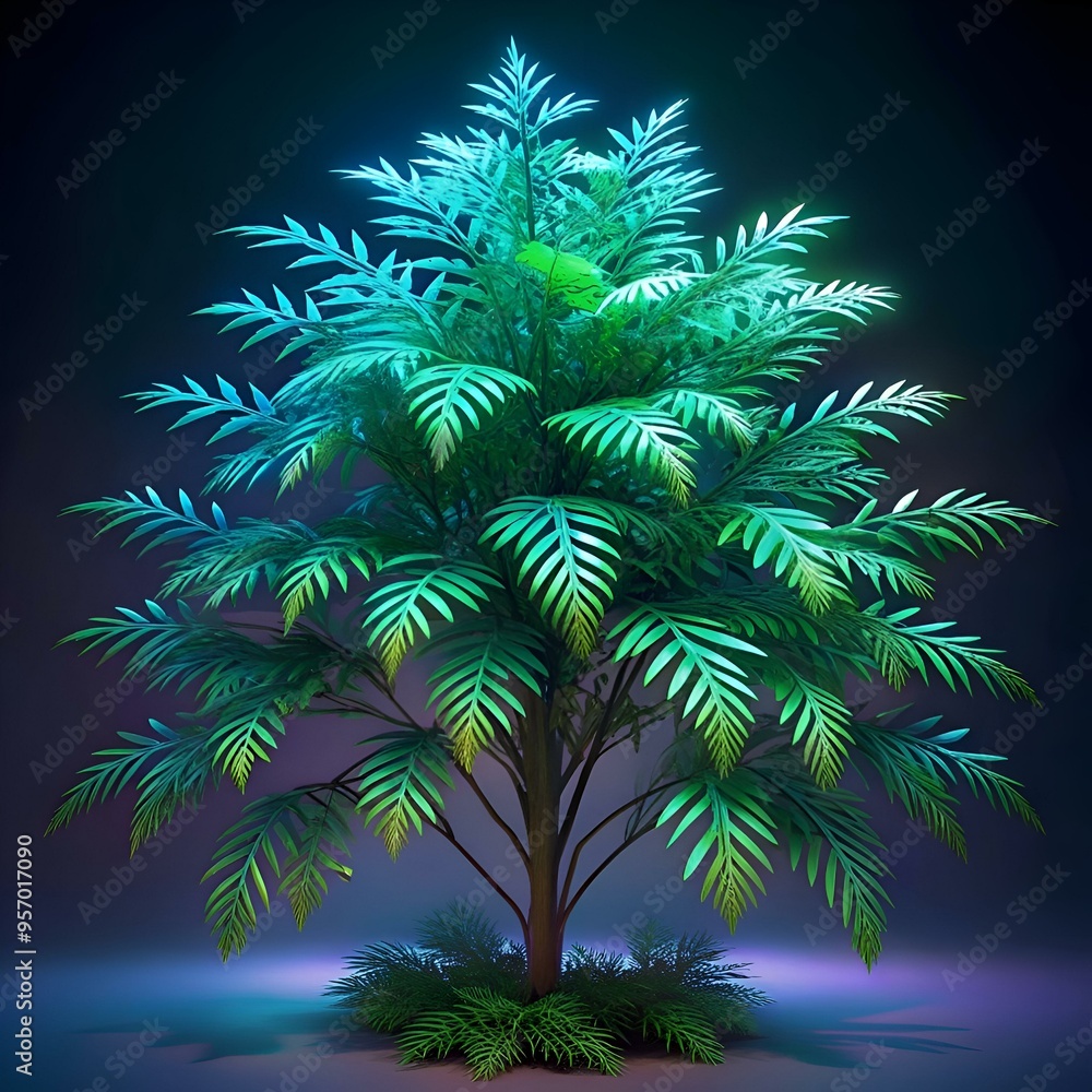 A vibrant 3D illustration of a hemlock tree bathed in neon green and blue light. A vibrant 3D illustration of a hemlock tree bathed in neon green and blue light.