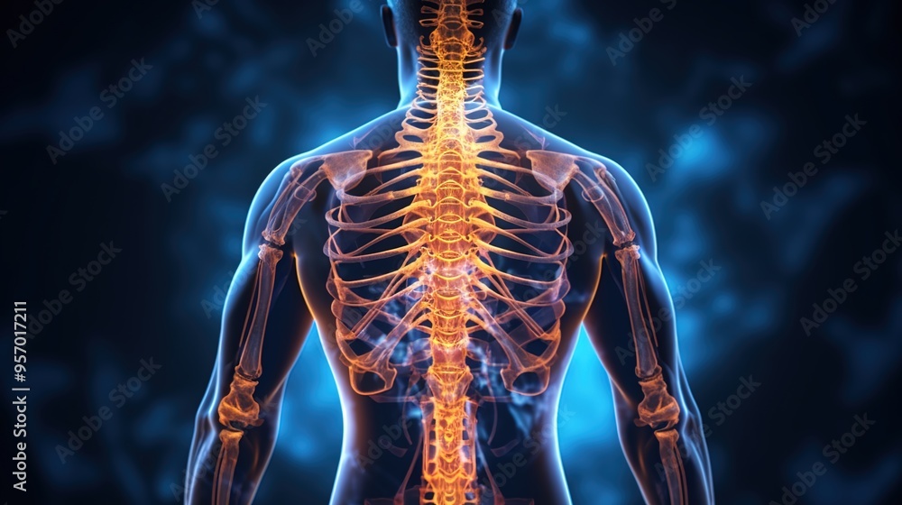 An X-ray image of the human body, with a glowing spine and hip bones An X-ray image of the human body, with a glowing spine and hip bones