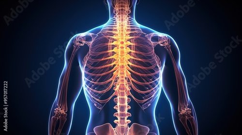 An X-ray image of the human body, with a glowing spine and hip bones 