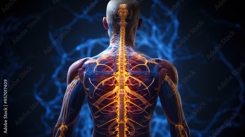 An X-ray image of the human body, with a glowing spine and hip bones ...
