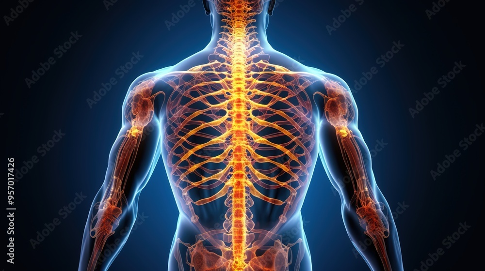 An X-ray image of the human body, with a glowing spine and hip bones An X-ray image of the human body, with a glowing spine and hip bones