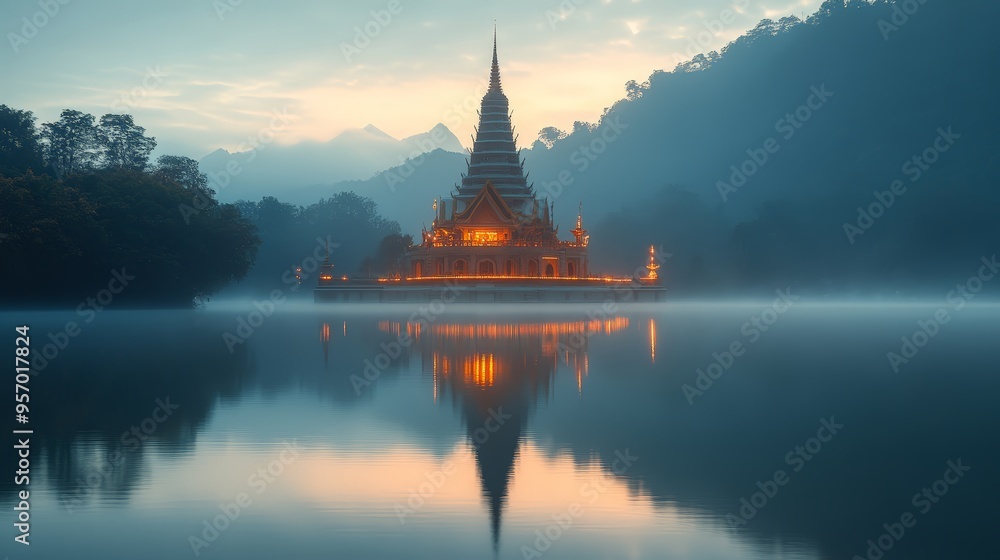 Seated Buddha statue at dawn Seated Buddha statue at dawn