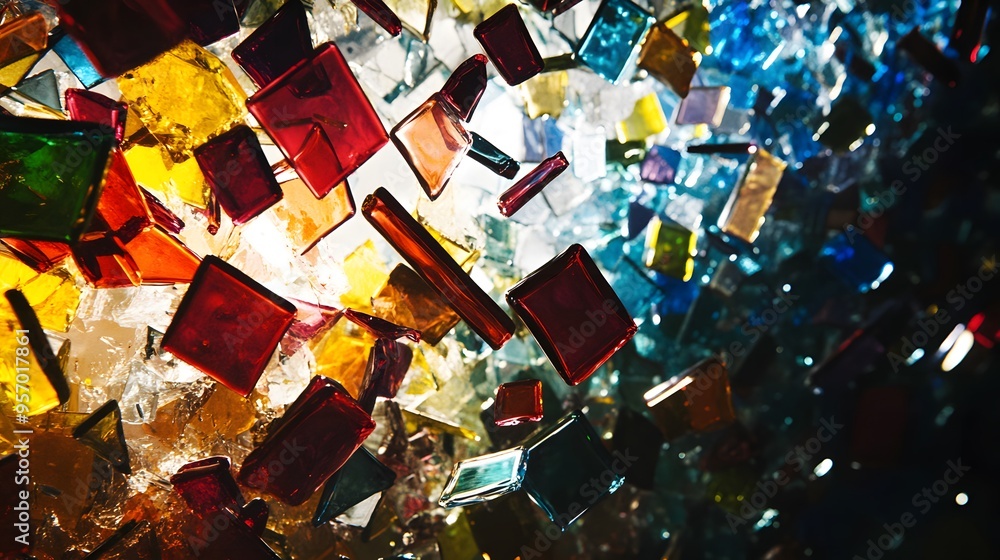 Shattered Glass in Color: A mid-air explosion of colored glass shards, capturing the moment of impact as the pieces scatter and reflect light.
Shattered Glass in Color: A mid-air explosion of colored glass shards, capturing the moment of impact as the pieces scatter and reflect light.