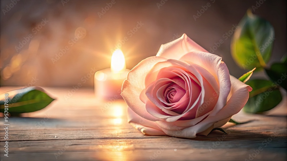 Fototapeta premium Delicate pink rose petal softness illuminated by warm, gentle light, creating a serene and peaceful atmosphere with subtle shadows and tender, romantic ambiance.