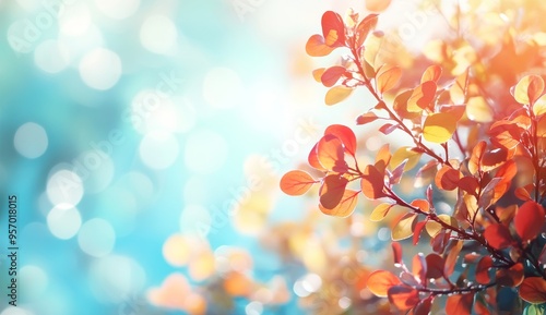 The sky is bokeh with falling tree leaves and excellent autumn foliage background